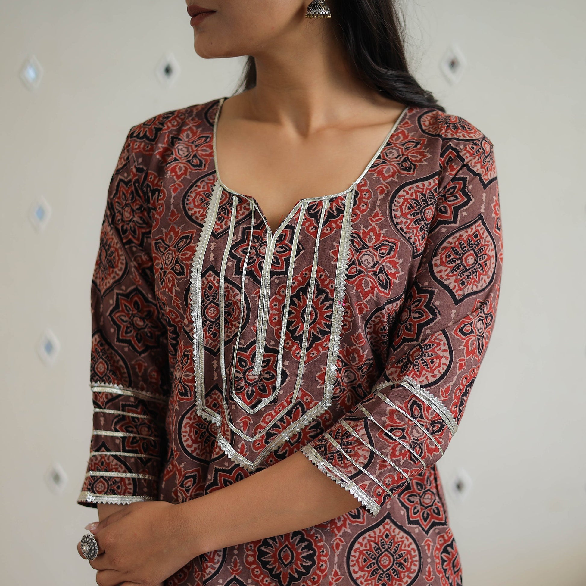 Brown - Block Printed Cotton Gota Work Short Ajrakh Kurta 17