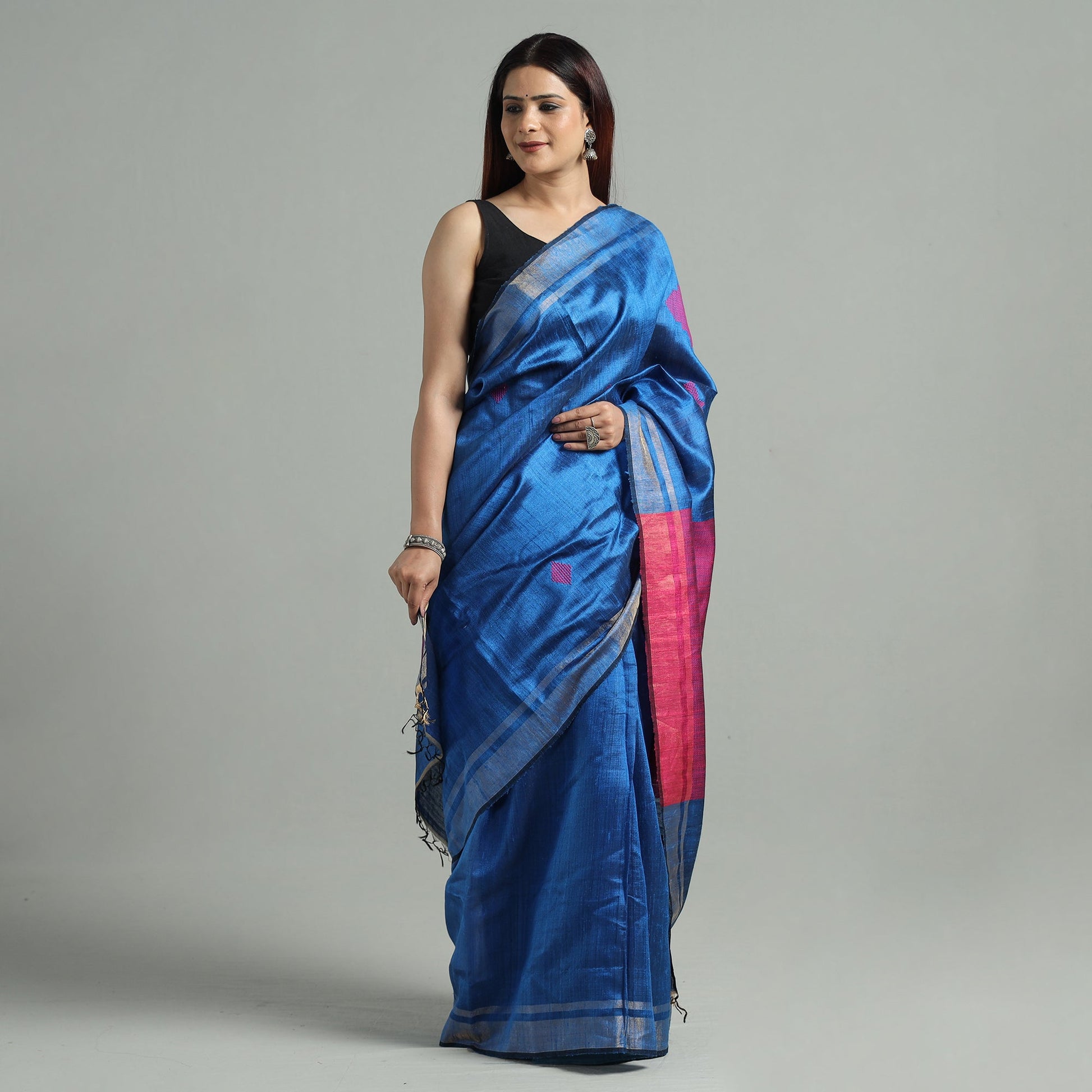 Blue - Bengal Woven Border Handloom Pure Cotton Saree 51