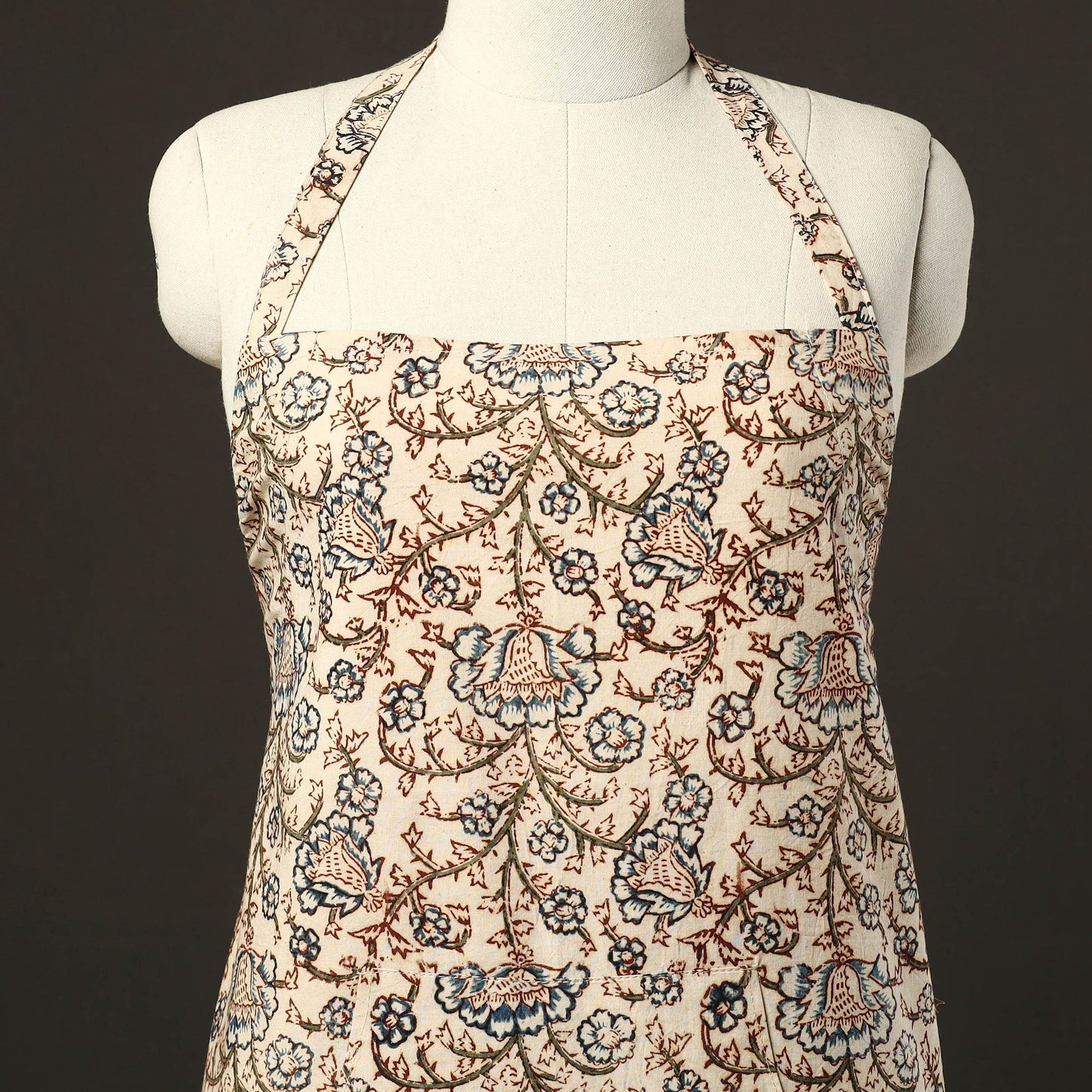 Beige - Kalamkari Block Print Cotton Apron with Pocket 31