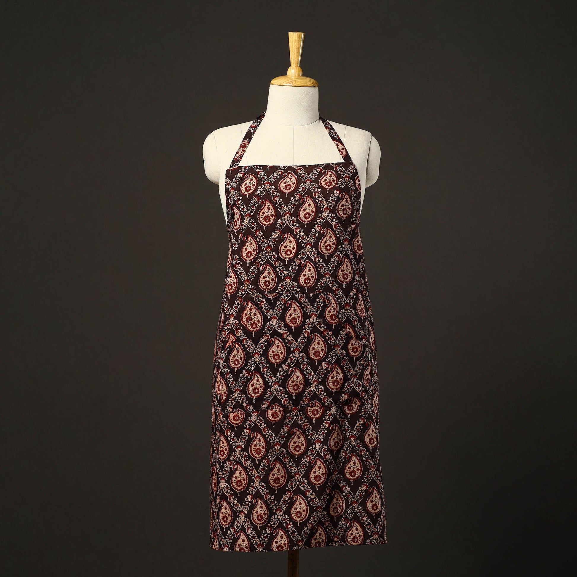 Brown - Kalamkari Block Print Cotton Apron with Pocket 32