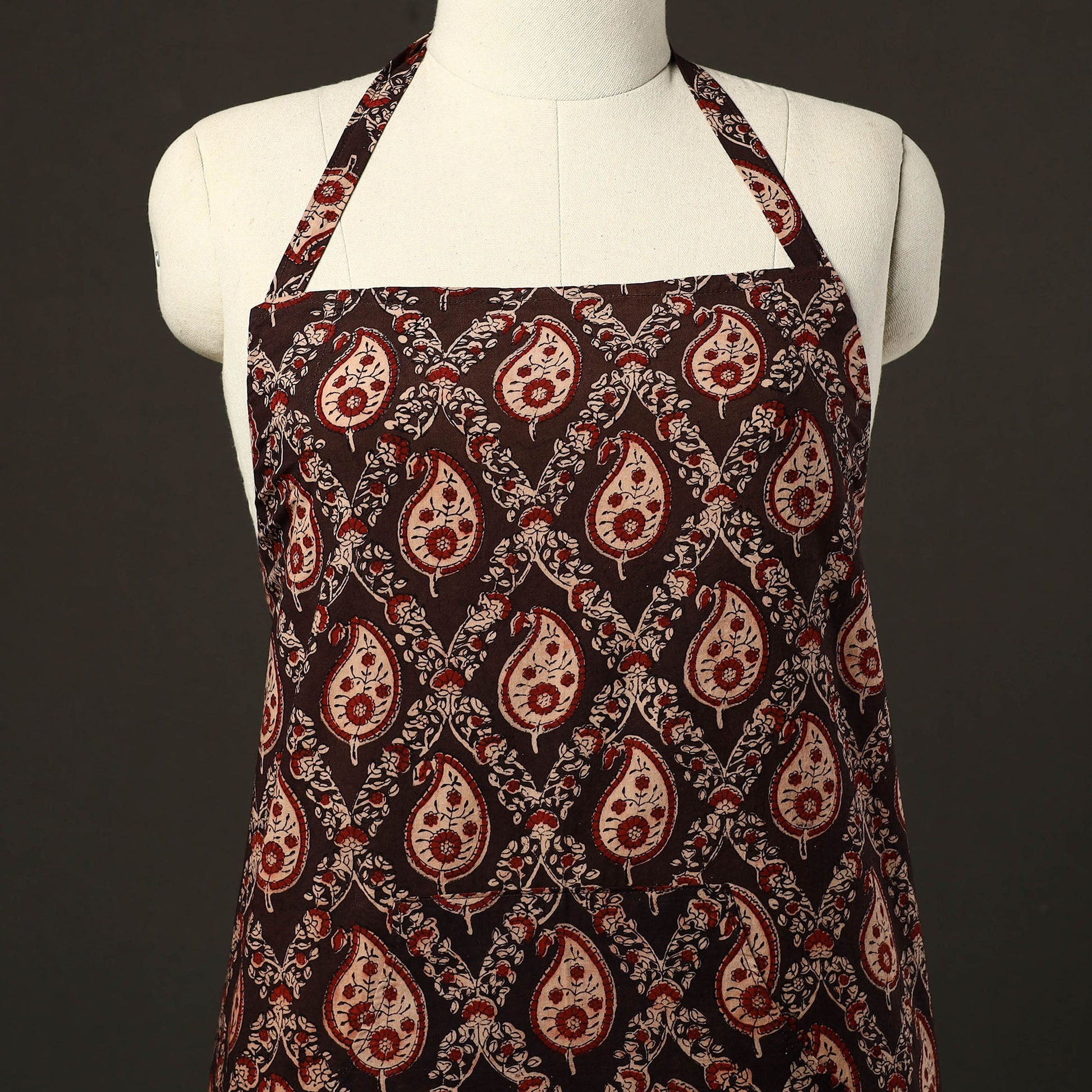 Brown - Kalamkari Block Print Cotton Apron with Pocket 32