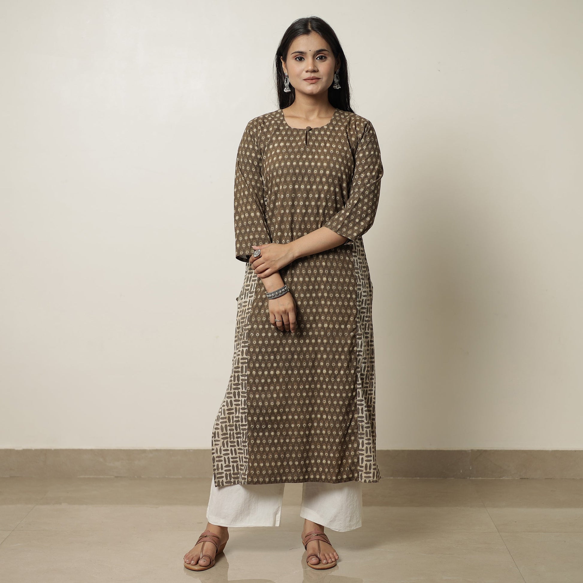 Brown - Akola Hand Block Printed Cotton Straight Kurta 33