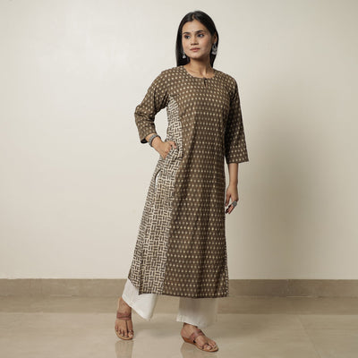Brown - Akola Hand Block Printed Cotton Straight Kurta 33