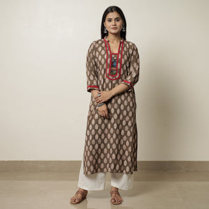 Brown - Akola Block Printed Cotton Straight Kurta 34