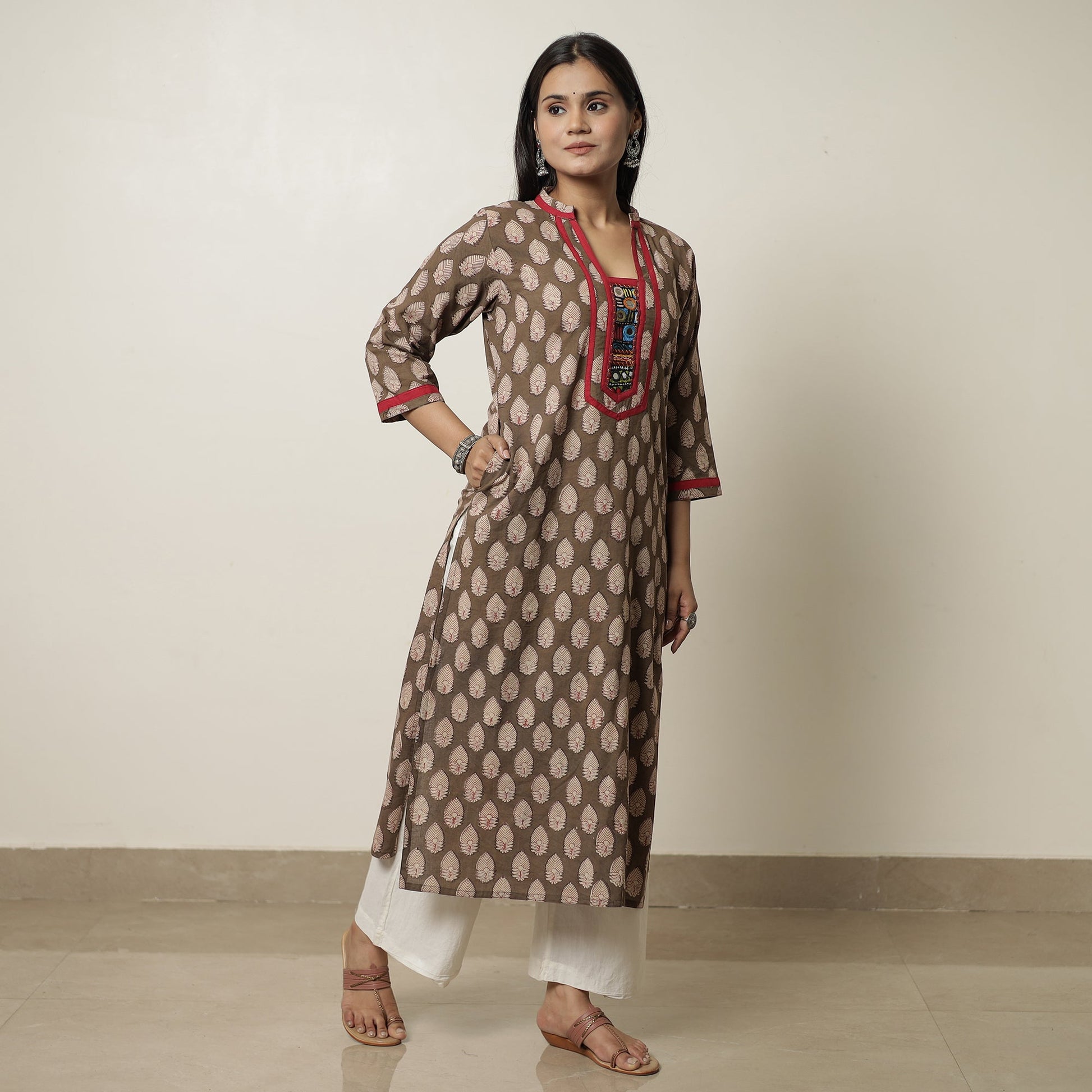 Brown - Akola Block Printed Cotton Straight Kurta 34