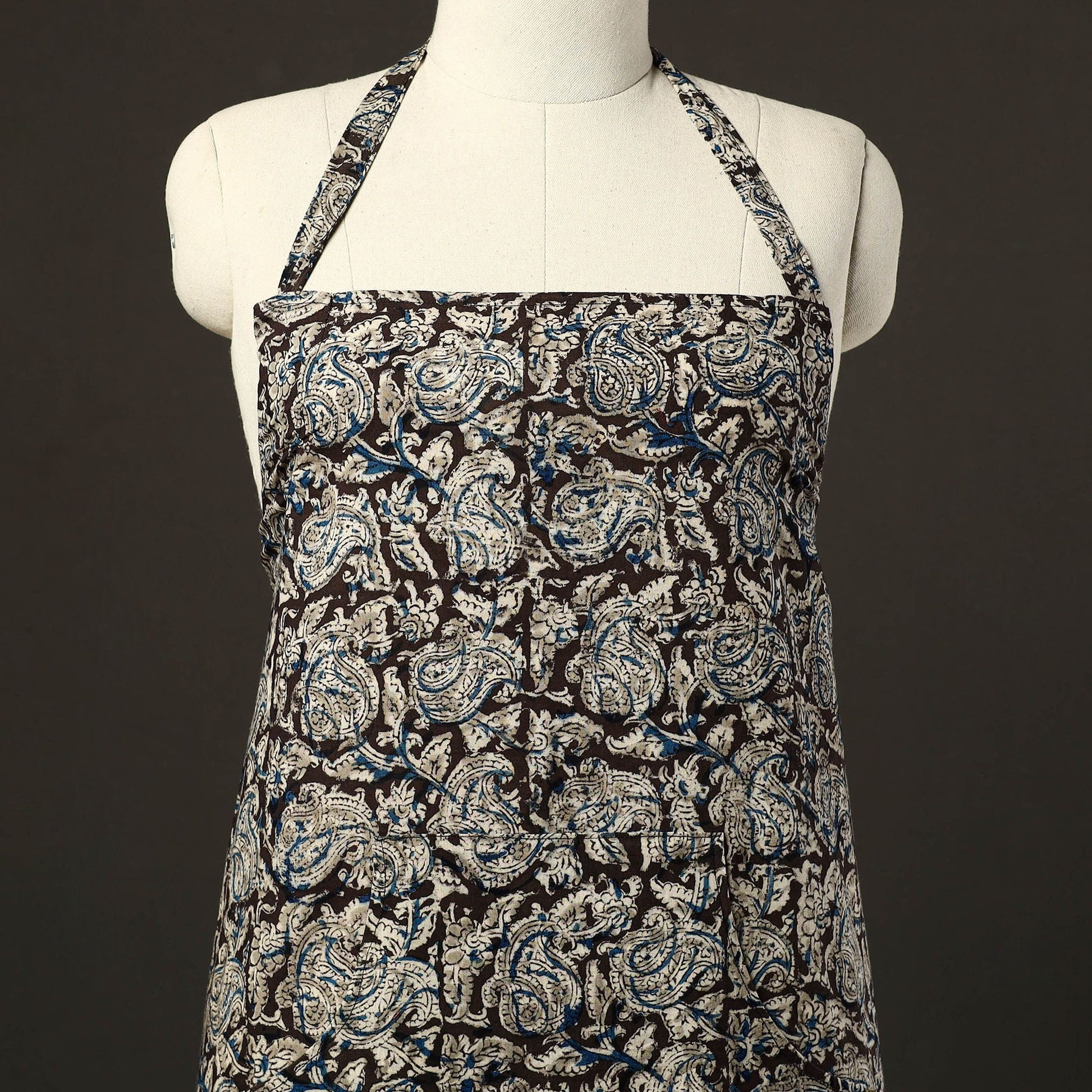 Black - Kalamkari Block Print Cotton Apron with Pocket 34