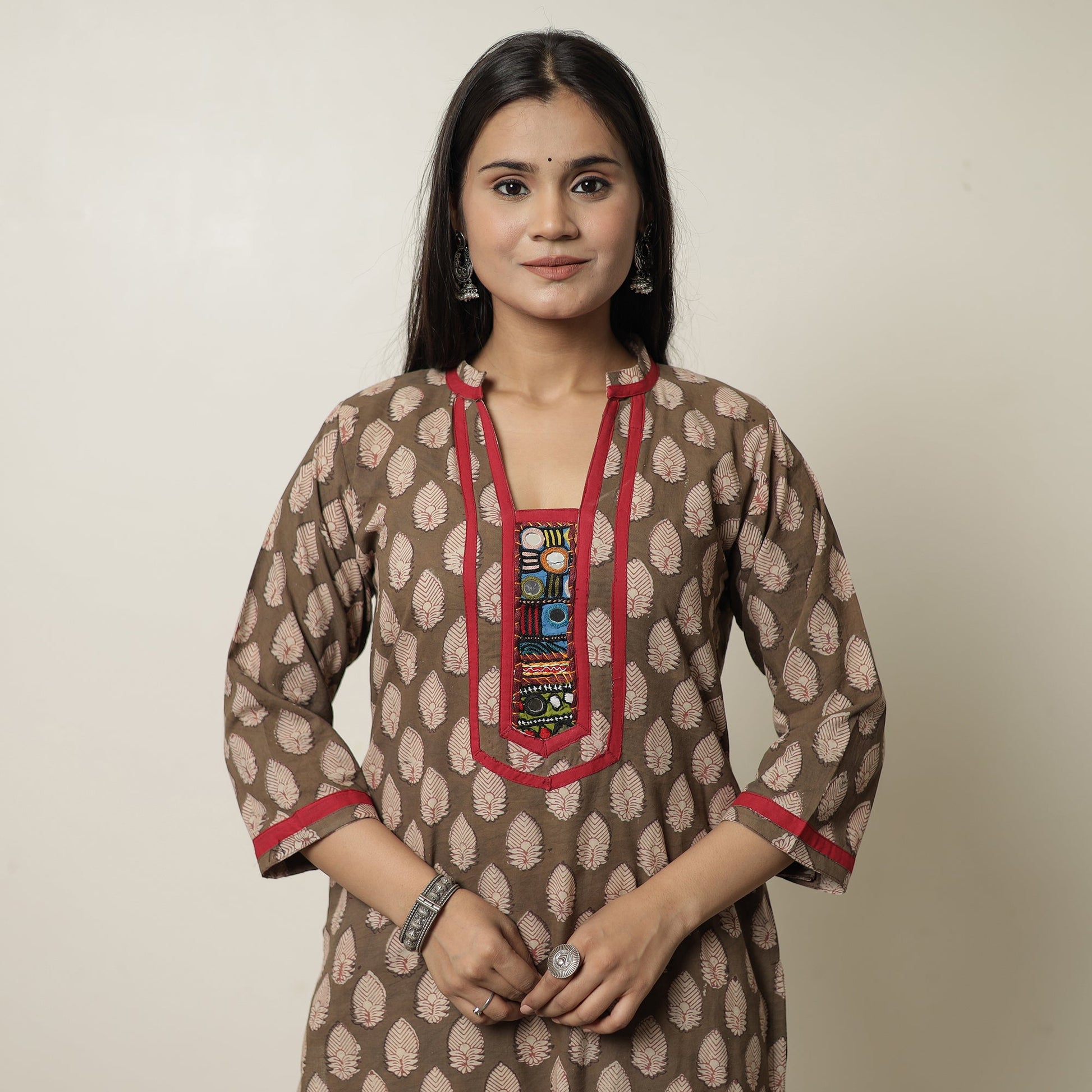 Brown - Akola Block Printed Cotton Straight Kurta 34