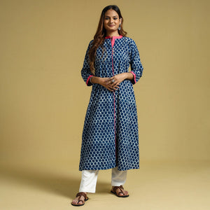 Blue -  Indigo Hand Block Printed Cotton A-Line Long Kurta