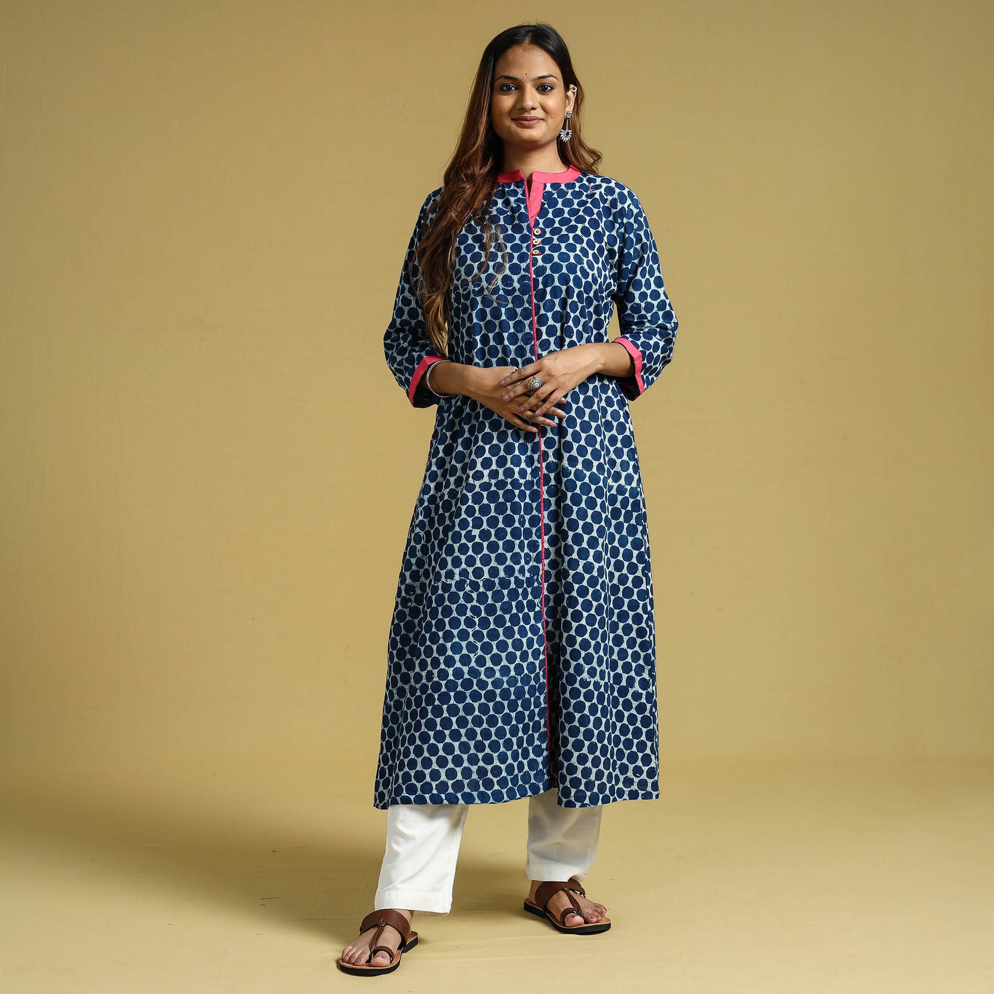 Blue -  Indigo Hand Block Printed Cotton A-Line Long Kurta