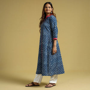 Blue -  Indigo Hand Block Printed Cotton A-Line Long Kurta