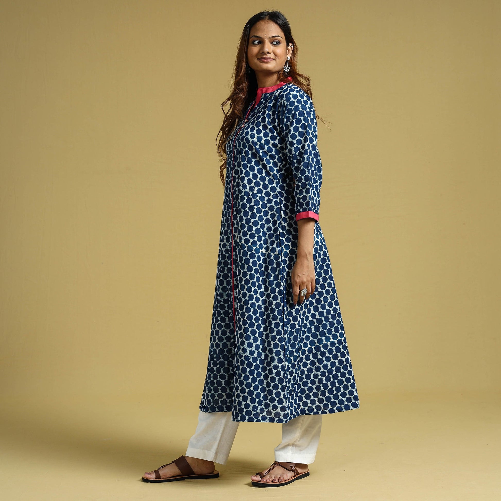 Blue -  Indigo Hand Block Printed Cotton A-Line Long Kurta
