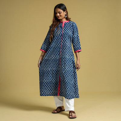 Blue -  Indigo Hand Block Printed Cotton A-Line Long Kurta