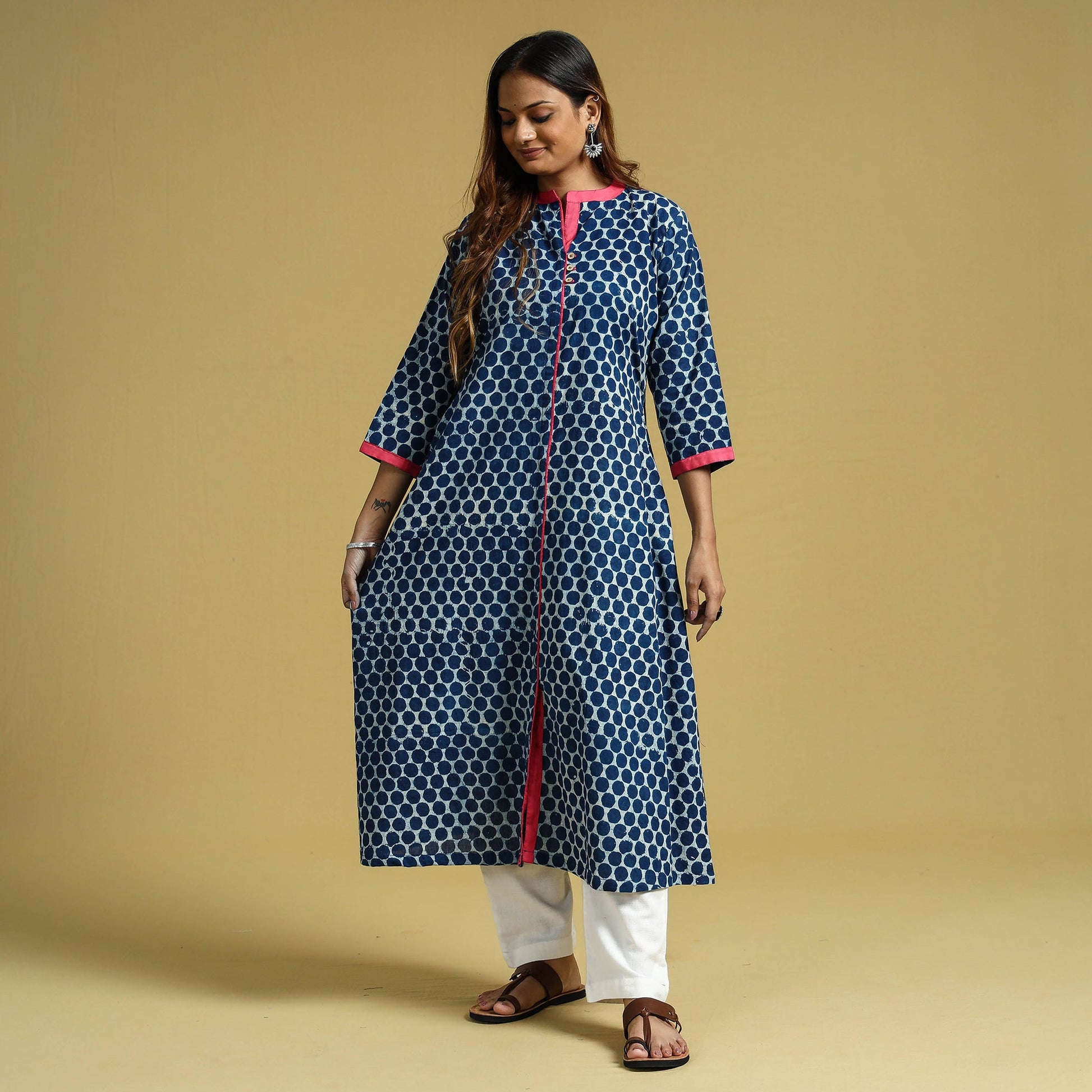 Blue -  Indigo Hand Block Printed Cotton A-Line Long Kurta