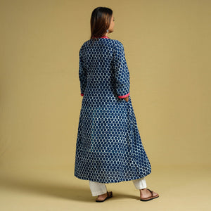 Blue -  Indigo Hand Block Printed Cotton A-Line Long Kurta