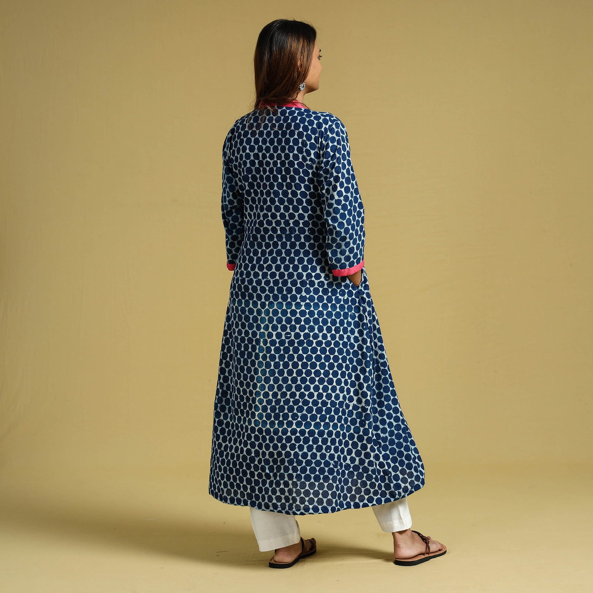 Blue -  Indigo Hand Block Printed Cotton A-Line Long Kurta