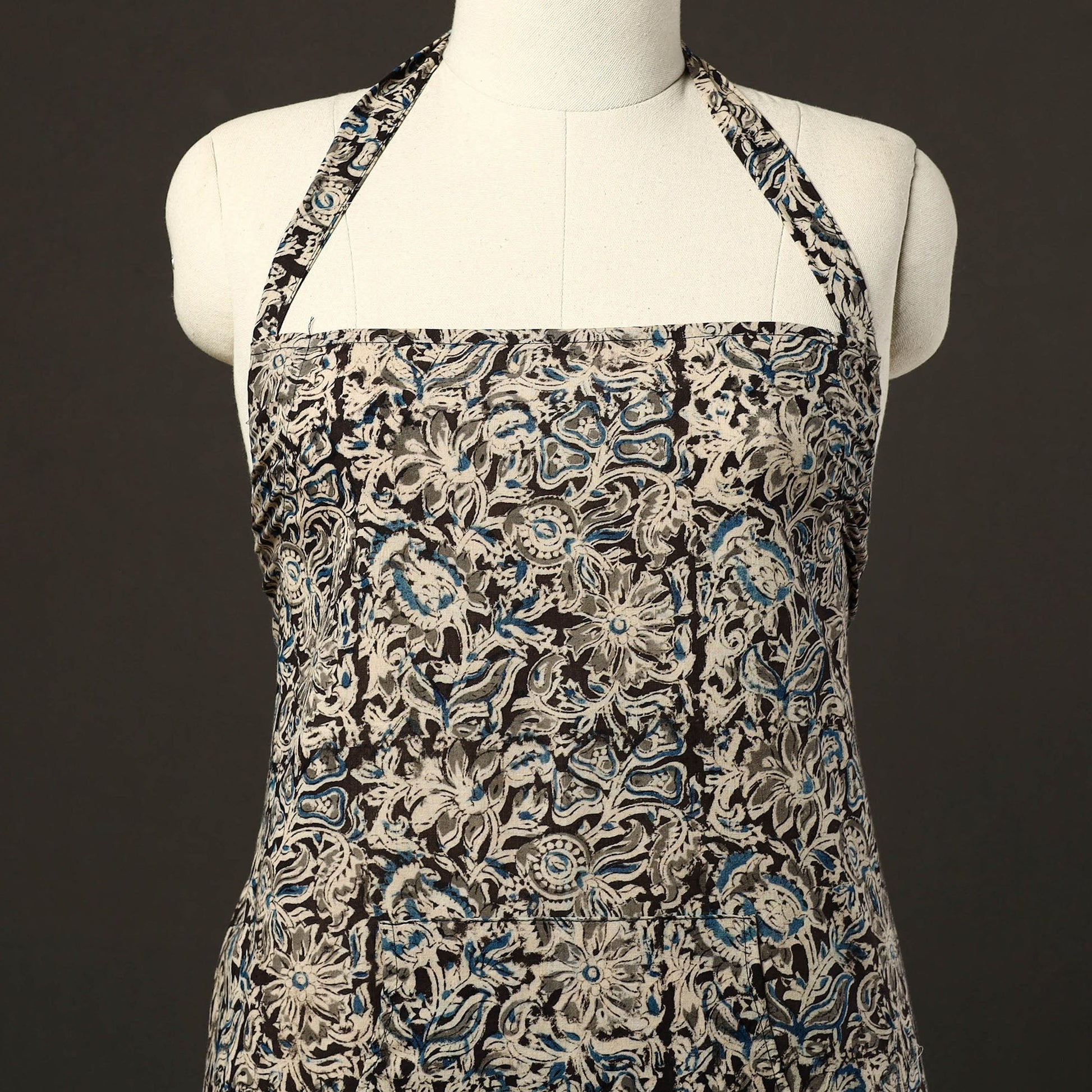 Black - Kalamkari Block Print Cotton Apron with Pocket 36