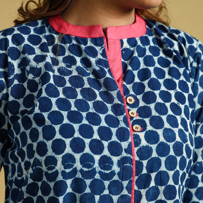 Blue -  Indigo Hand Block Printed Cotton A-Line Long Kurta