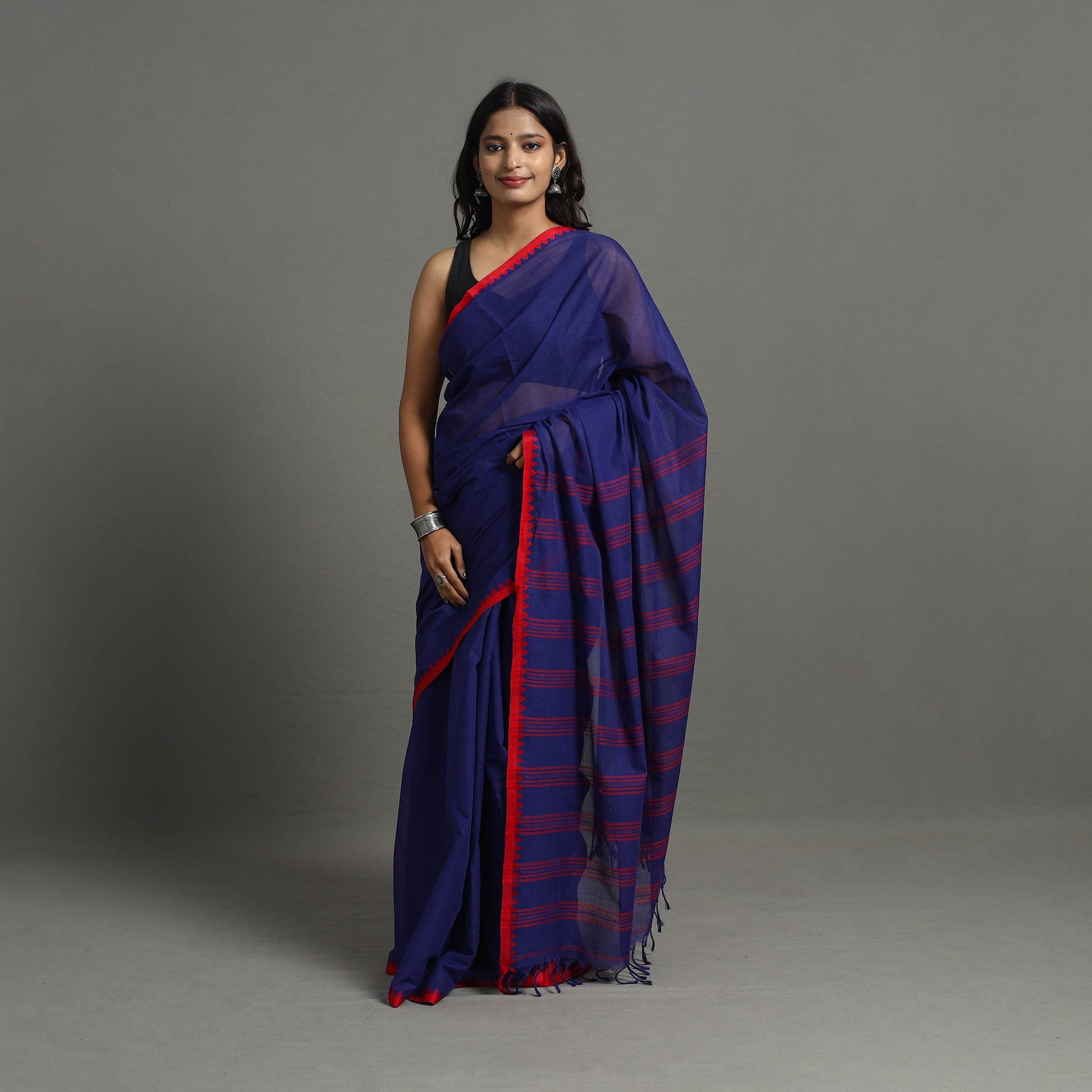 Blue - Bengal Handwoven Cotton Plain Begampuri Saree 21