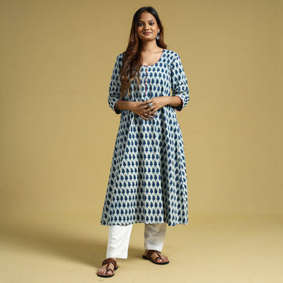 Blue - Hand Block Printed Cotton A-Line Long Kurta