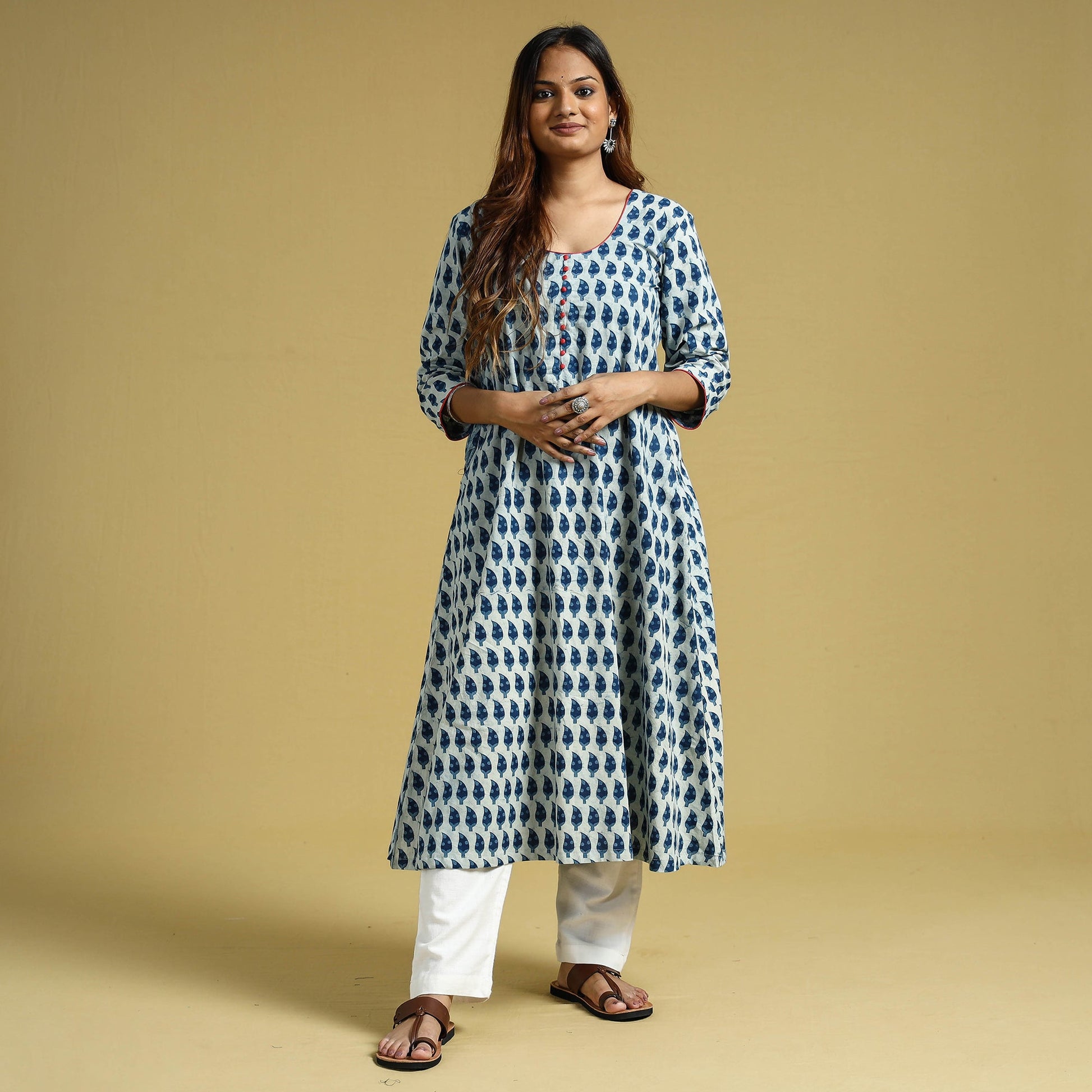 Blue - Hand Block Printed Cotton A-Line Long Kurta
