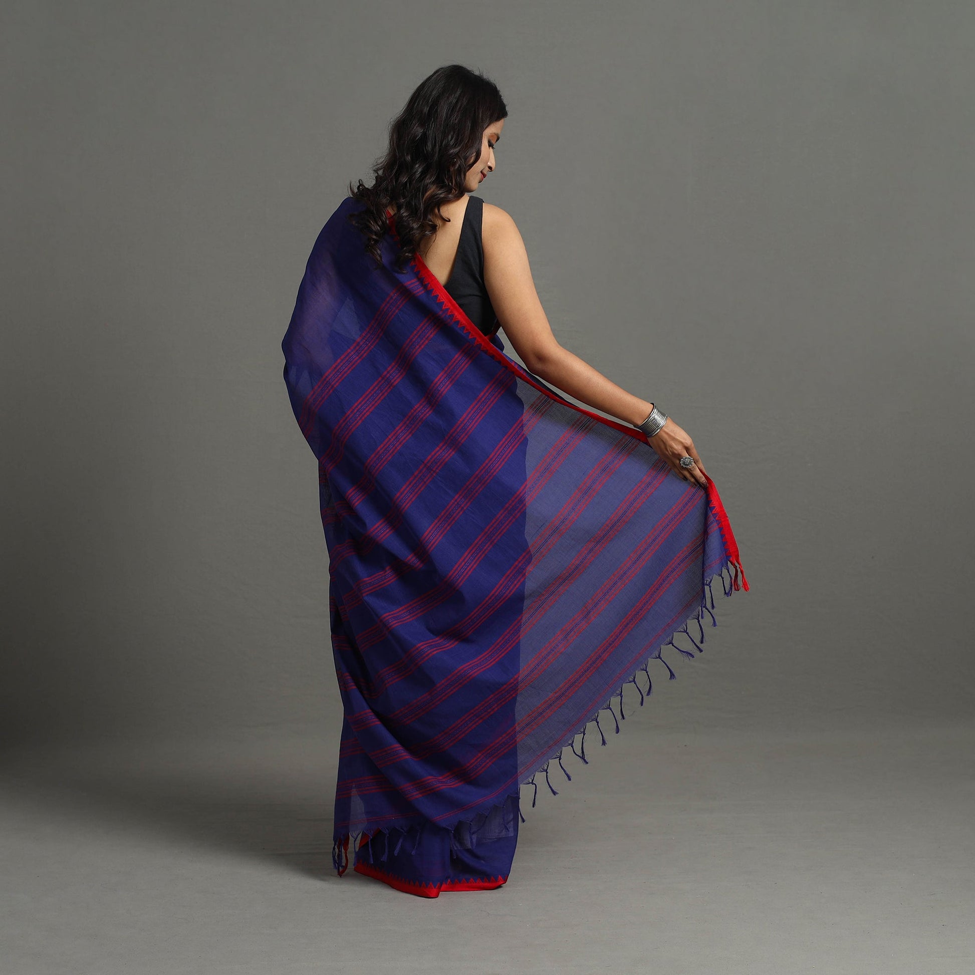 Blue - Bengal Handwoven Cotton Plain Begampuri Saree 21