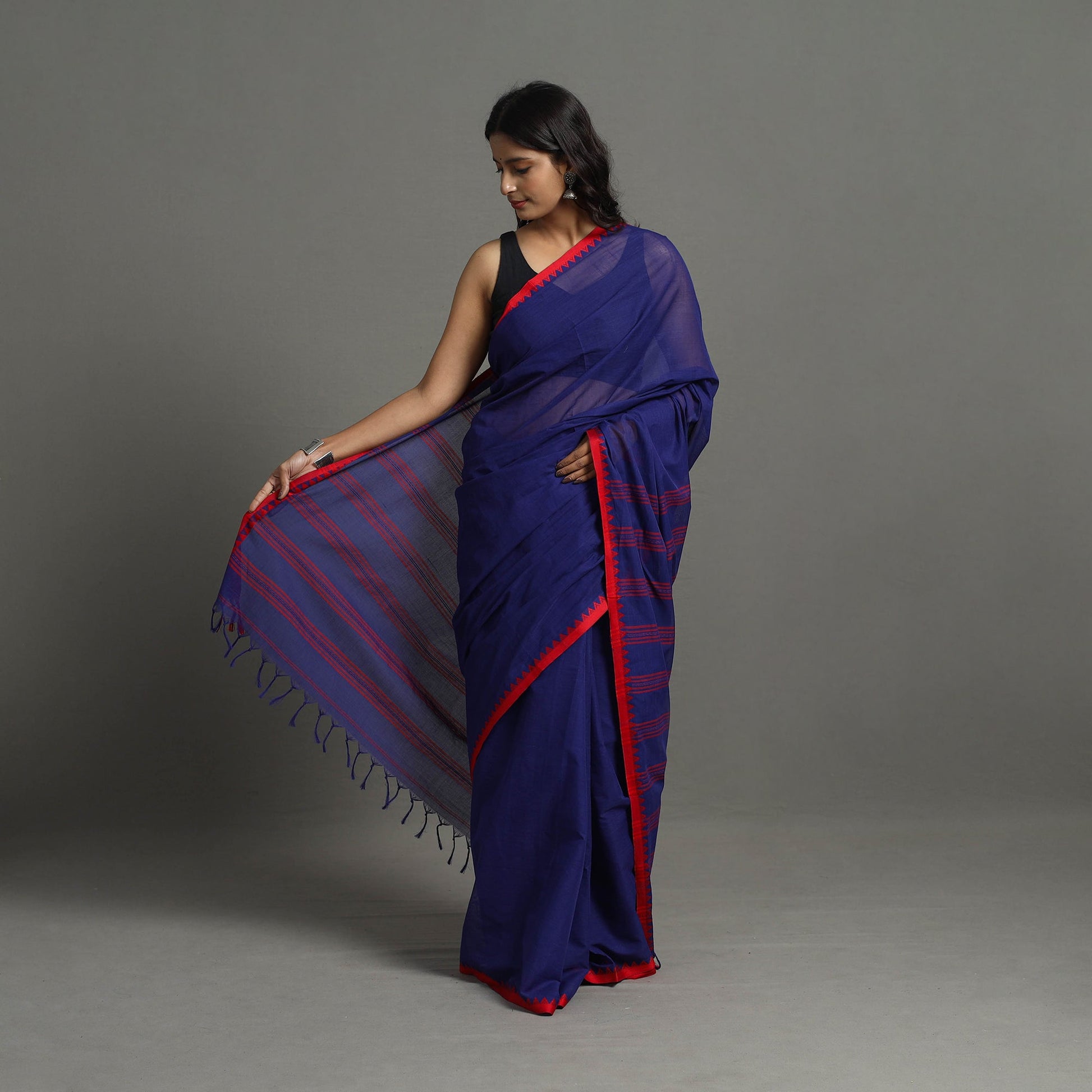Blue - Bengal Handwoven Cotton Plain Begampuri Saree 21