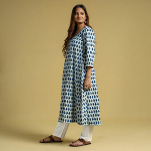 Blue - Hand Block Printed Cotton A-Line Long Kurta
