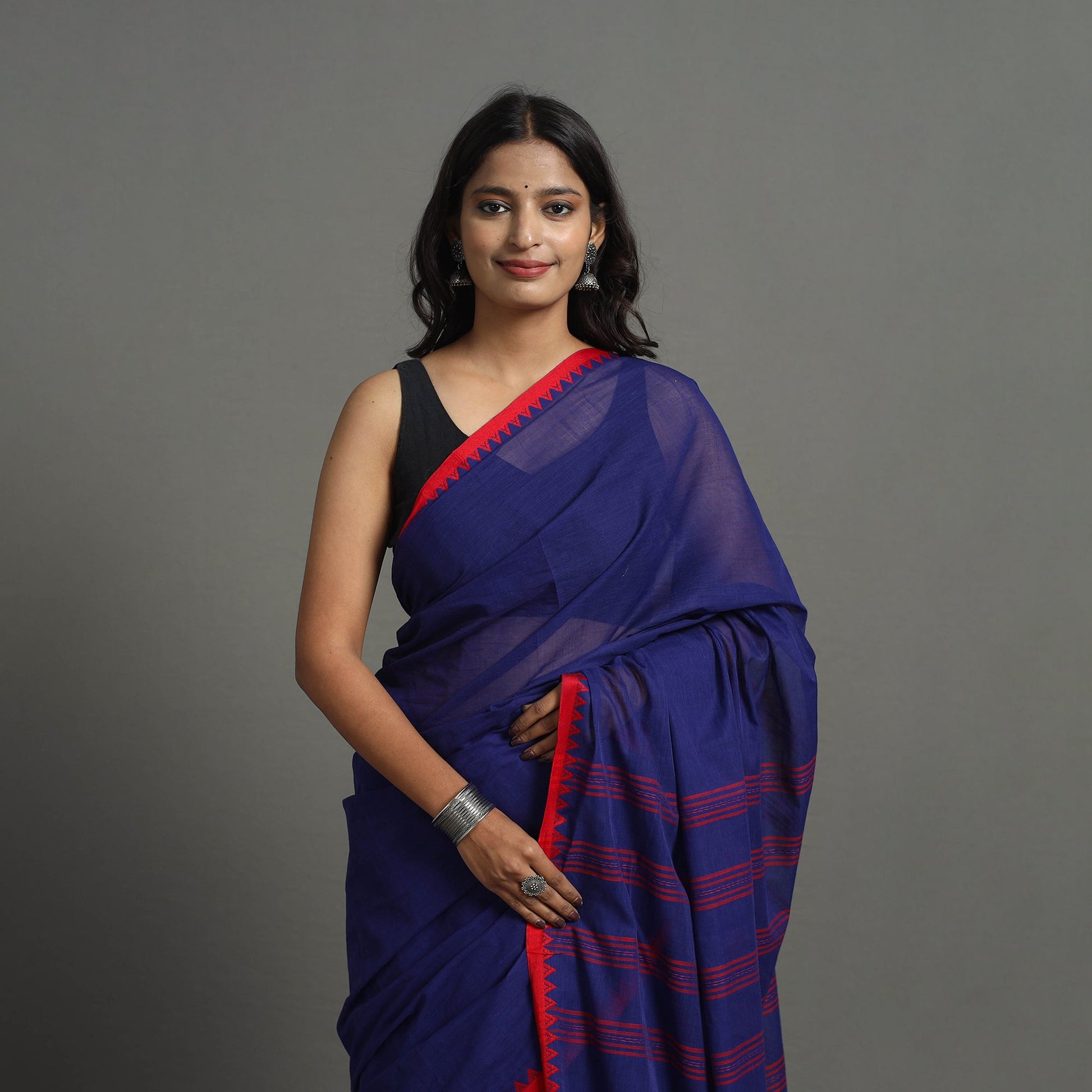 Blue - Bengal Handwoven Cotton Plain Begampuri Saree 21