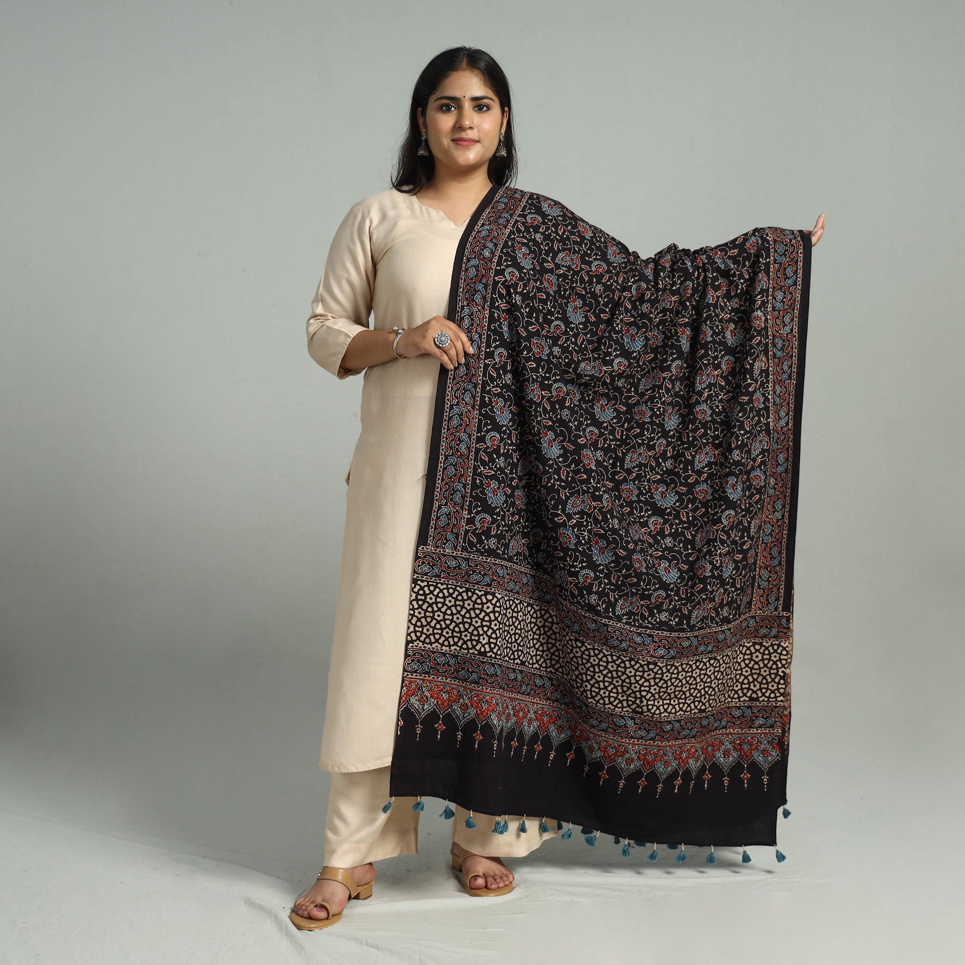 Black - Block Printed Cotton Ajrakh Dupatta 08