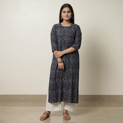 Blue - Akola Block Printed Cotton Straight Long Kurta