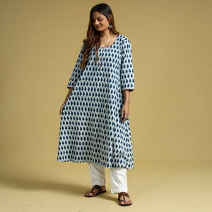Blue - Hand Block Printed Cotton A-Line Long Kurta