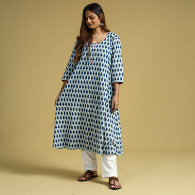 Blue - Hand Block Printed Cotton A-Line Long Kurta