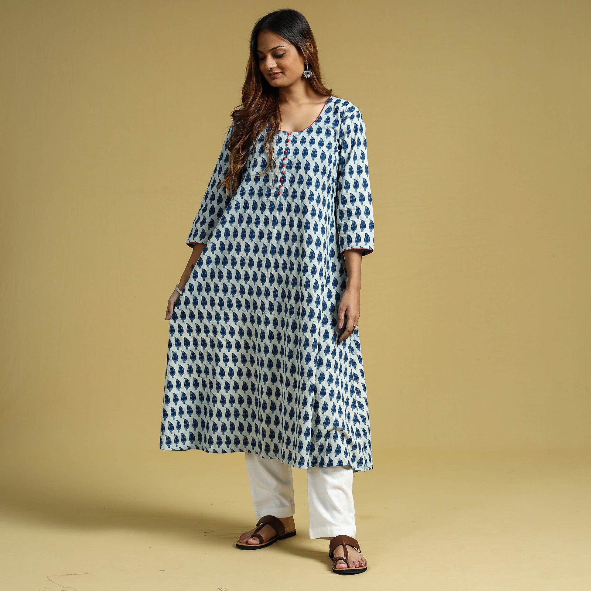 Blue - Hand Block Printed Cotton A-Line Long Kurta