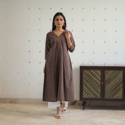 Brown - Pure Cotton A-Line Jacquard Kurta 07