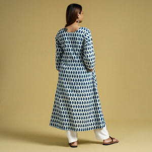 Blue - Hand Block Printed Cotton A-Line Long Kurta