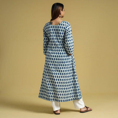 Blue - Hand Block Printed Cotton A-Line Long Kurta
