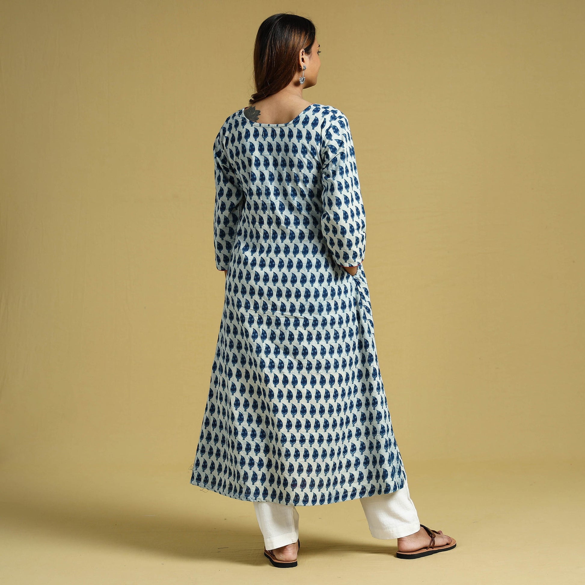 Blue - Hand Block Printed Cotton A-Line Long Kurta
