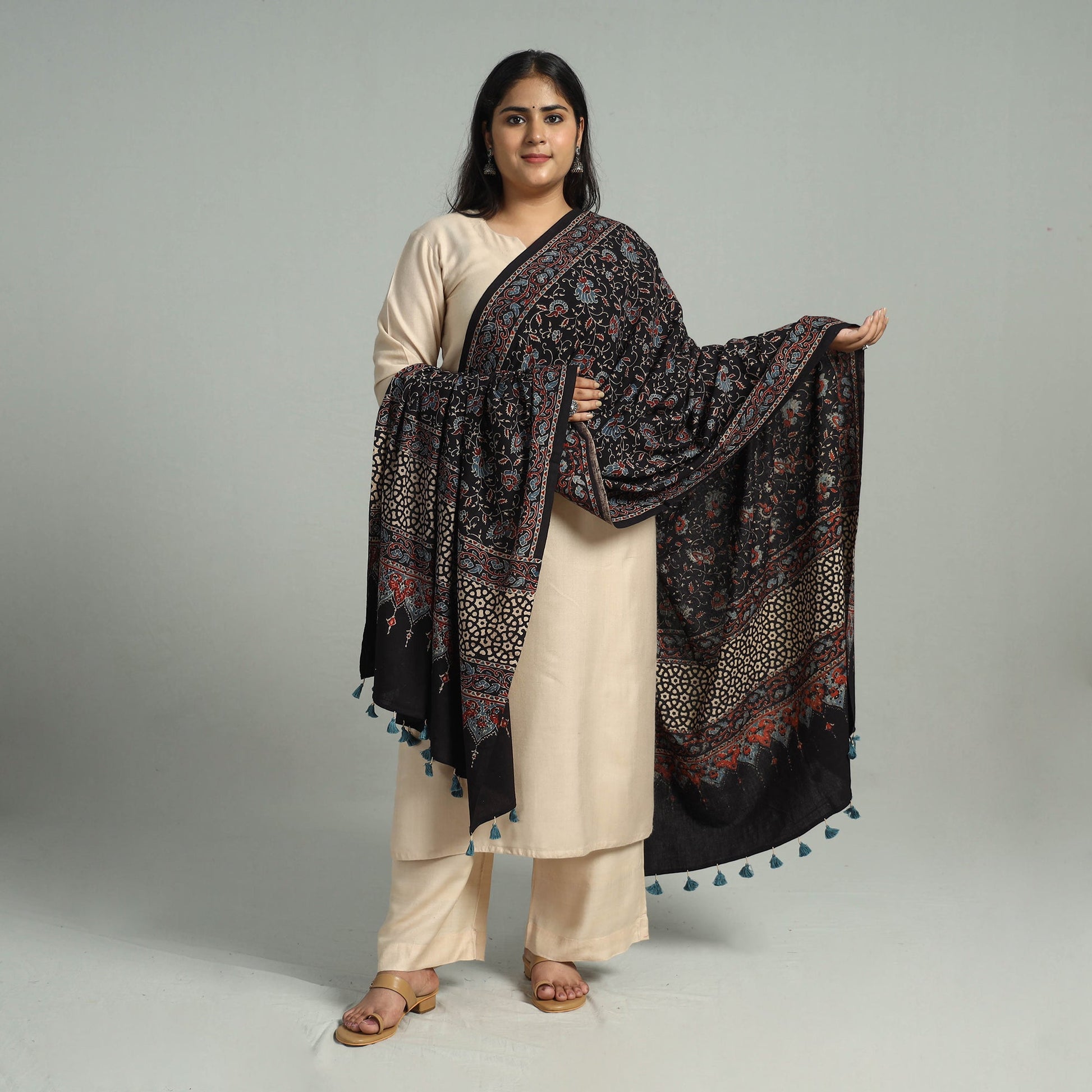 Black - Block Printed Cotton Ajrakh Dupatta 08