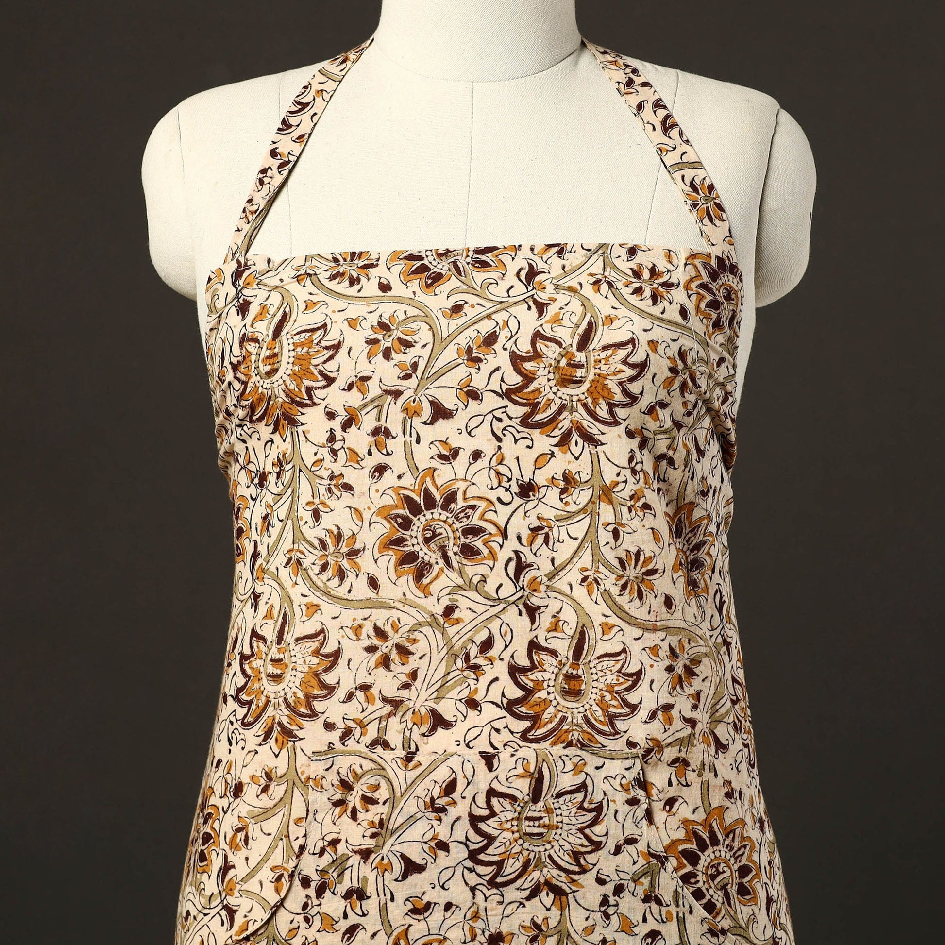 Beige - Kalamkari Block Print Cotton Apron with Pocket 37