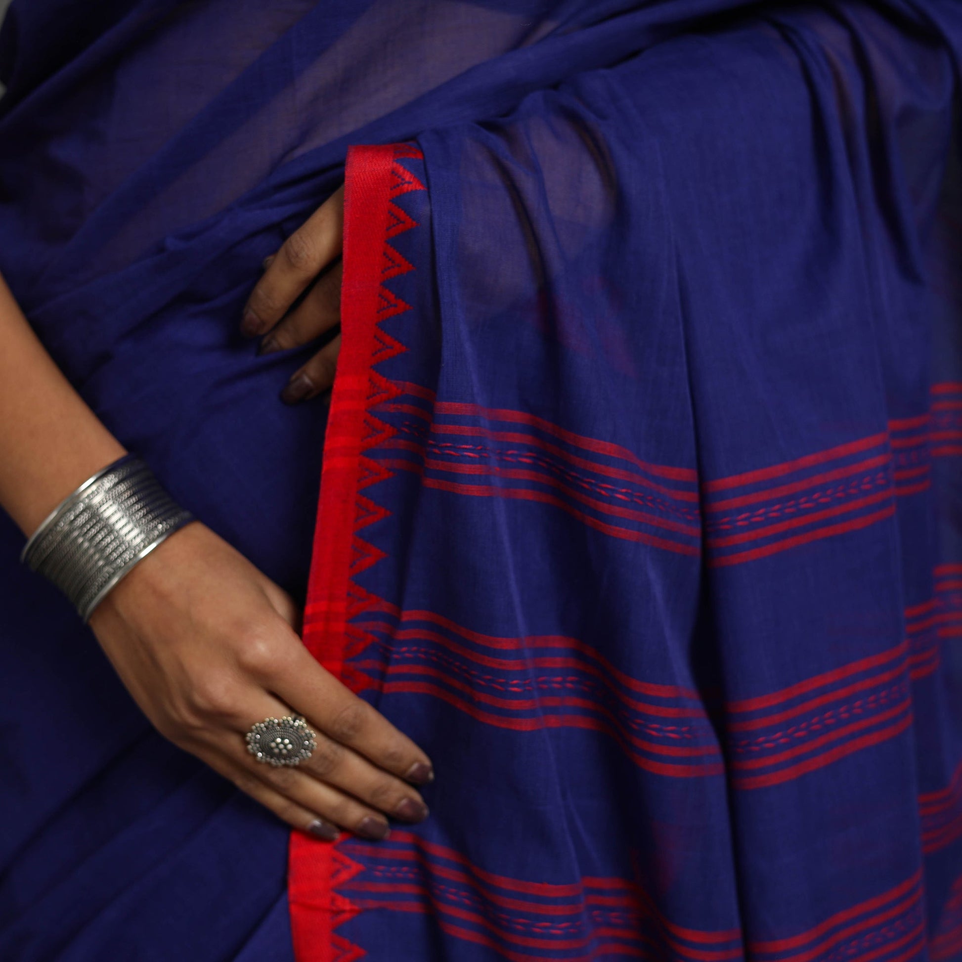 Blue - Bengal Handwoven Cotton Plain Begampuri Saree 21