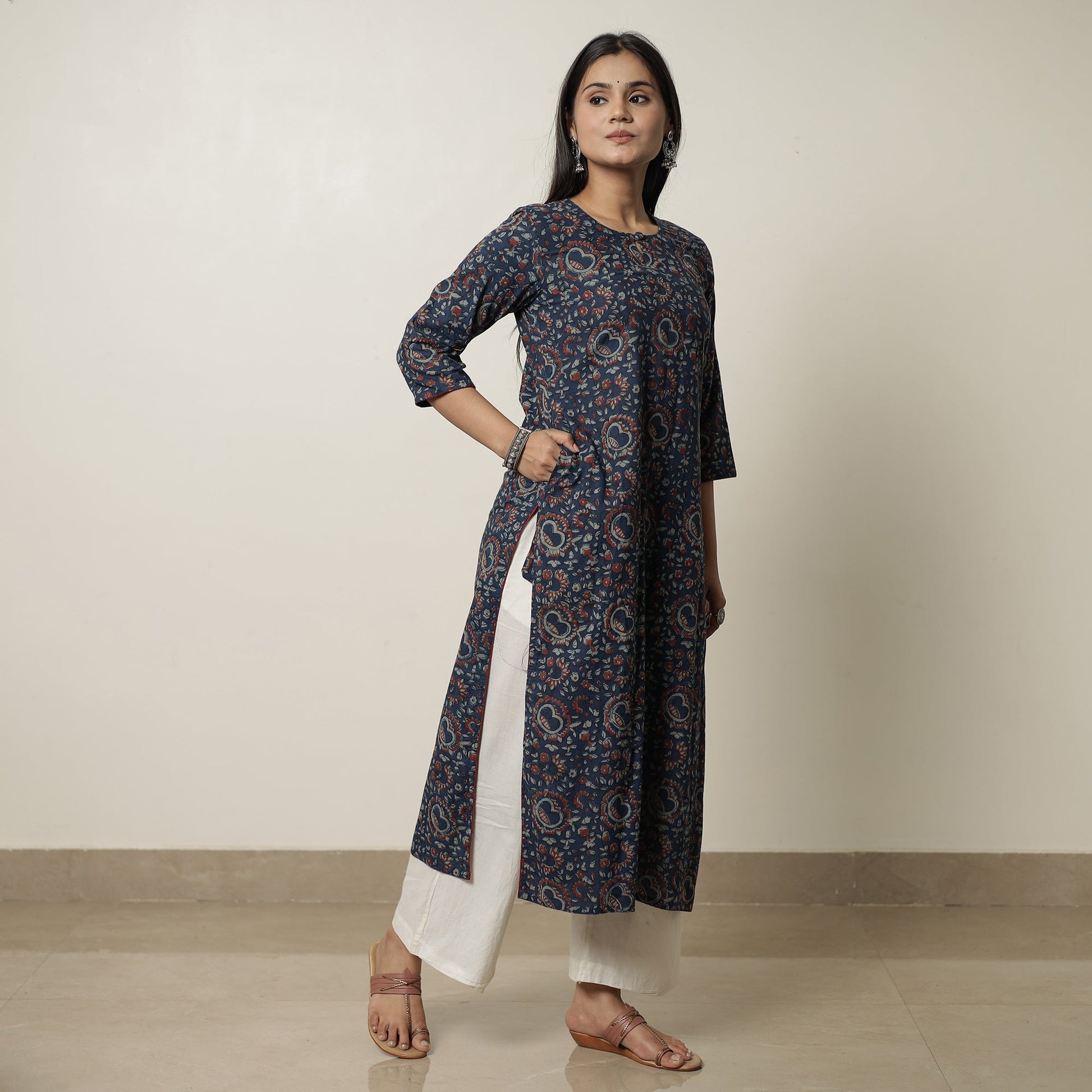 Blue - Akola Block Printed Cotton Straight Long Kurta