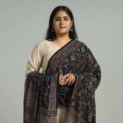 Black - Block Printed Cotton Ajrakh Dupatta 08