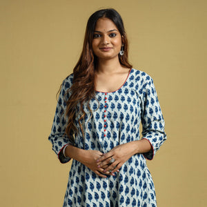 Blue - Hand Block Printed Cotton A-Line Long Kurta
