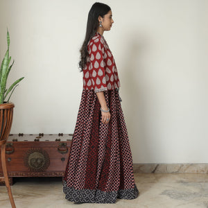 Brown - Bagh Block Printed Patchwork Cotton Long Skirt