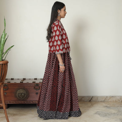 Brown - Bagh Block Printed Patchwork Cotton Long Skirt