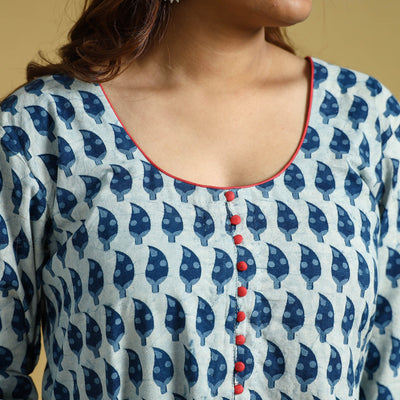 Blue - Hand Block Printed Cotton A-Line Long Kurta