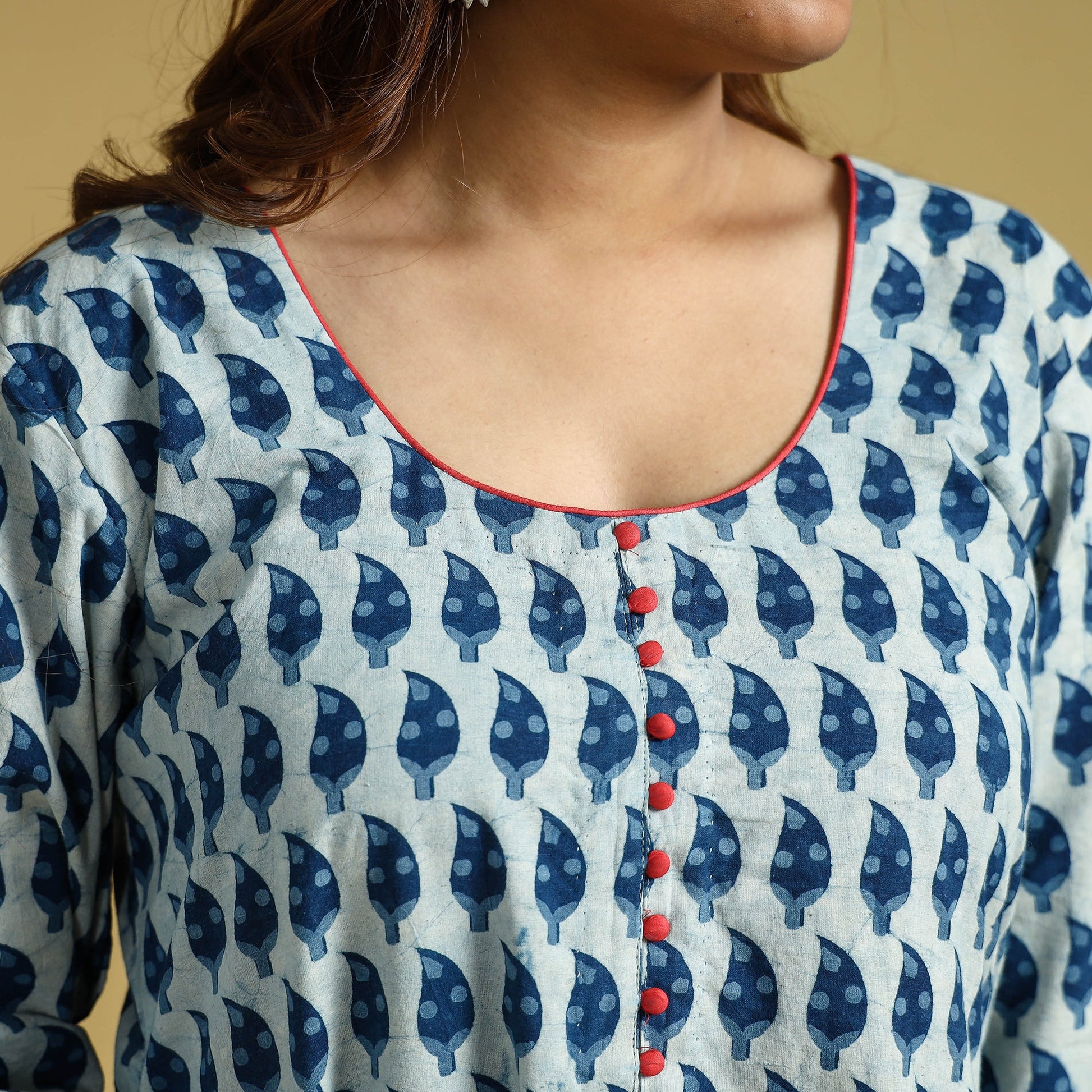 Blue - Hand Block Printed Cotton A-Line Long Kurta