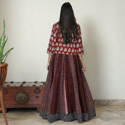 Brown - Bagh Block Printed Patchwork Cotton Long Skirt