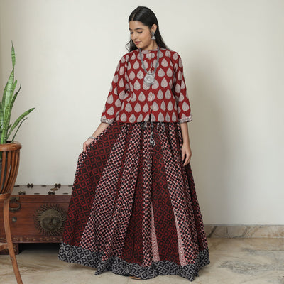 Brown - Bagh Block Printed Patchwork Cotton Long Skirt