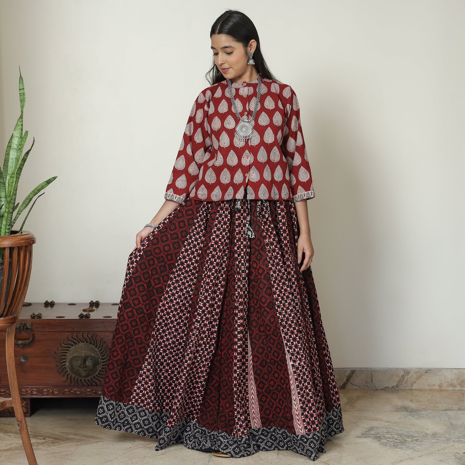 Brown - Bagh Block Printed Patchwork Cotton Long Skirt